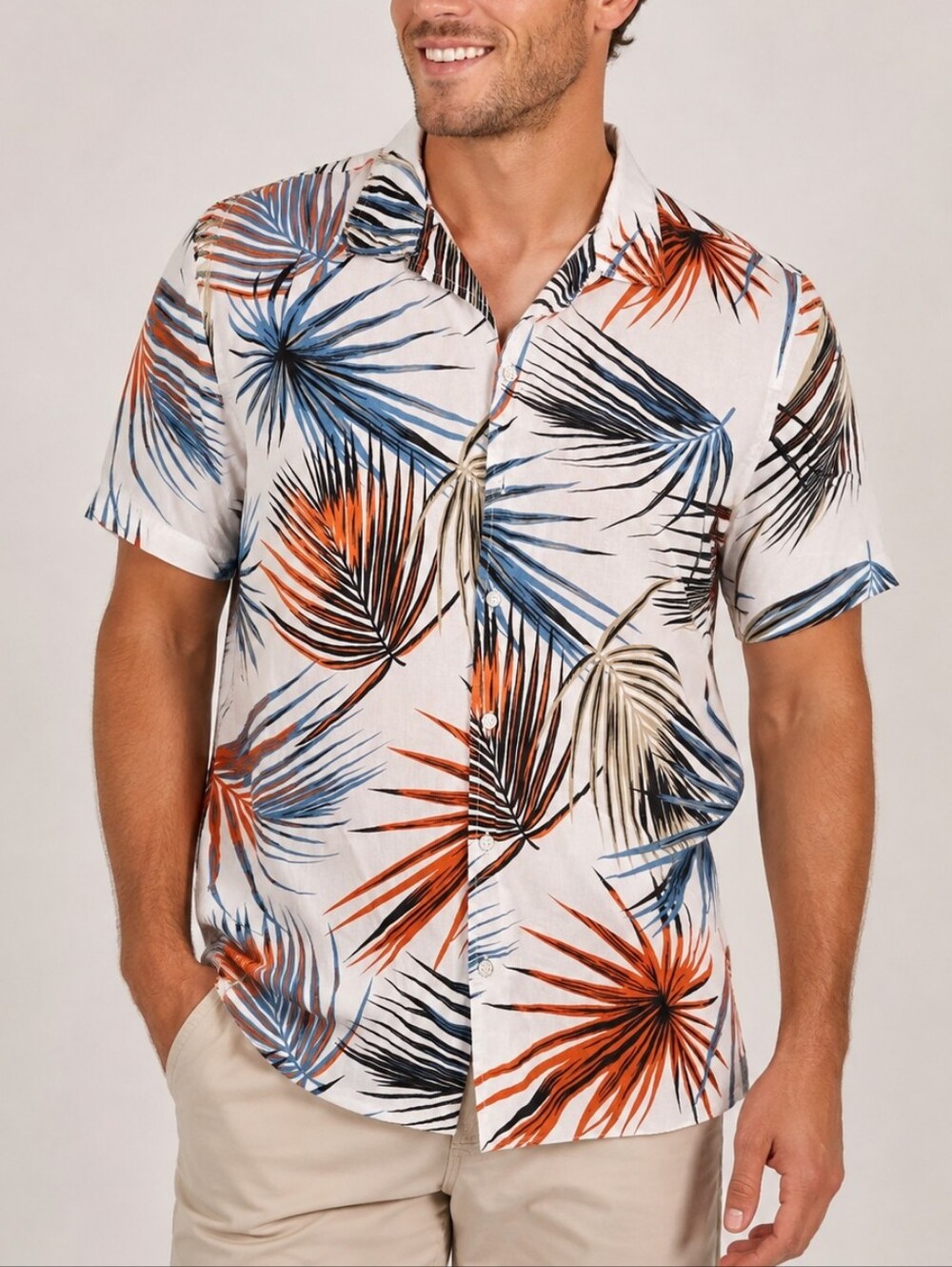 Free Planet Men’s Large Tropical Palm Leaf Button Up Shirt White Blue Orange